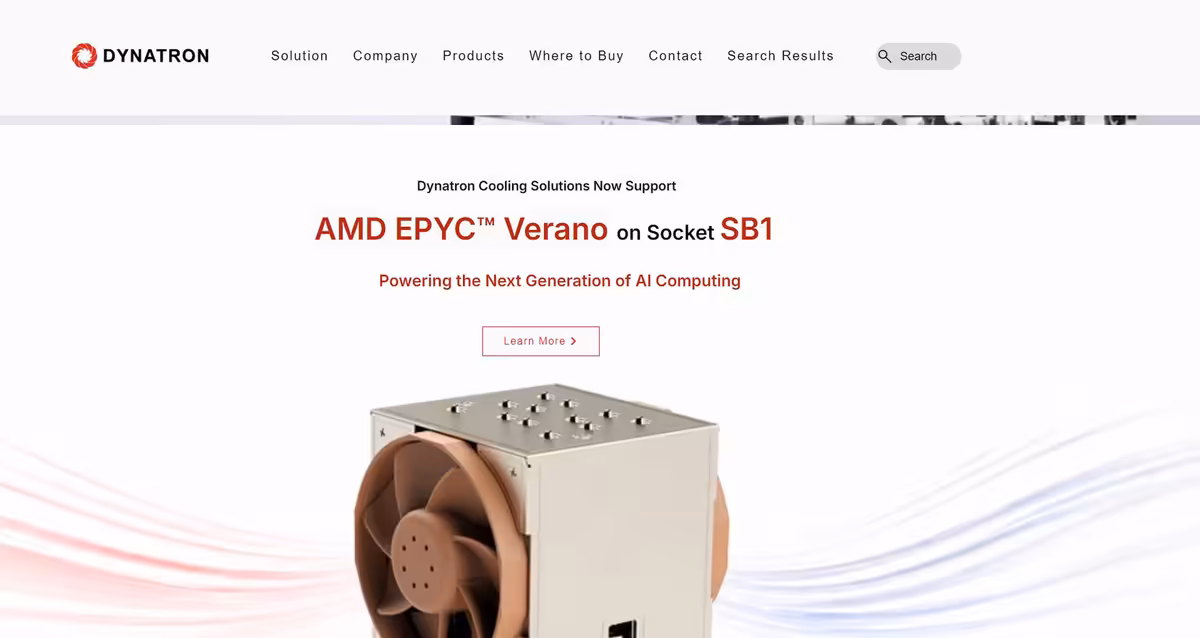 Capture du site Dynatron annonçant les refroidisseurs AMD EPYC Verano compatibles avec le socket SB1