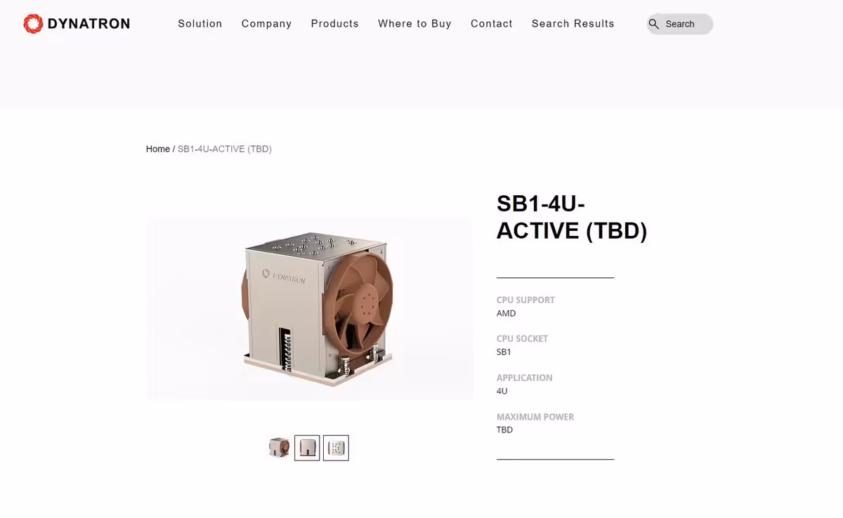 Page produit Dynatron SB1-4U-ACTIVE montrant un refroidisseur actif pour processeurs AMD EPYC socket SB1