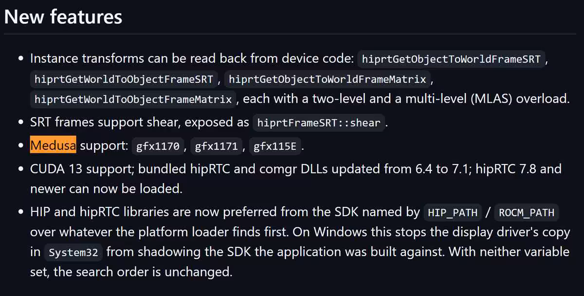 AMD Medusa : trois iGPU RDNA 4m et RDNA 3.5 apparaissent dans HIP RT 3.2.0 3 Diapositive technique listant la prise en charge Medusa dans les nouvelles fonctionnalités HIPRT