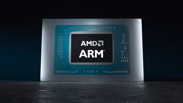 AMD Soundwave : les puces Arm viseraient les Surface abordables dès 2027 3 Gros plan d’une puce AMD Arm sur fond sombre, posée devant une plaque métallique