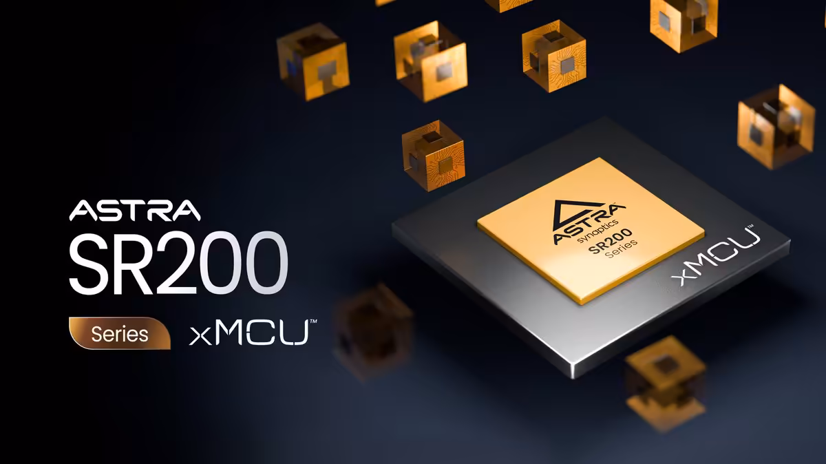 Astra SR200 : Synaptics intègre le NPU Coral dans ses nouveaux xMCU multimodaux 2 Visuel promotionnel Synaptics Astra SR200 montrant la puce MCU et des blocs flottants sur fond sombre