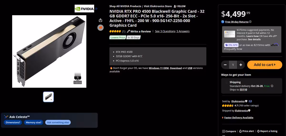 ASUS Arc Pro B70 : une première carte Intel Battlemage dotée de 32 Go de mémoire 13 Fiche produit Newegg de la carte graphique NVIDIA RTX Pro 4500 Blackwell 32 Go
