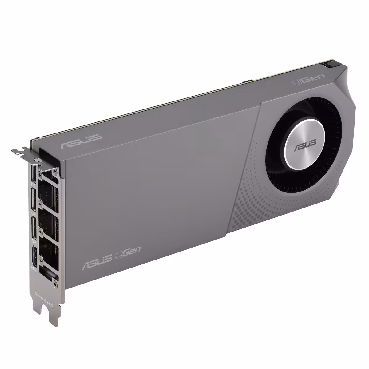 ASUS Arc Pro B70 : une première carte Intel Battlemage dotée de 32 Go de mémoire 3 Carte graphique professionnelle ASUS uGen Intel Arc Pro B70 grise, vue en perspective avec connecteurs vidéo