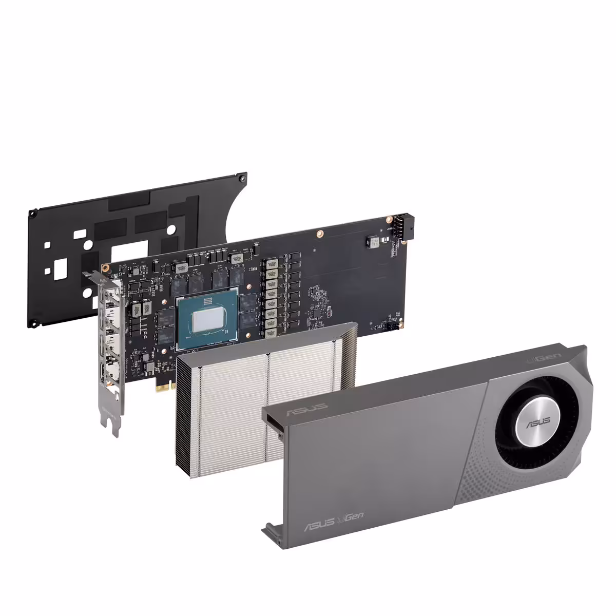ASUS Arc Pro B70 : une première carte Intel Battlemage dotée de 32 Go de mémoire 8 Vue éclatée de la carte graphique ASUS uGen Intel Arc Pro B70, radiateur, PCB et carénage