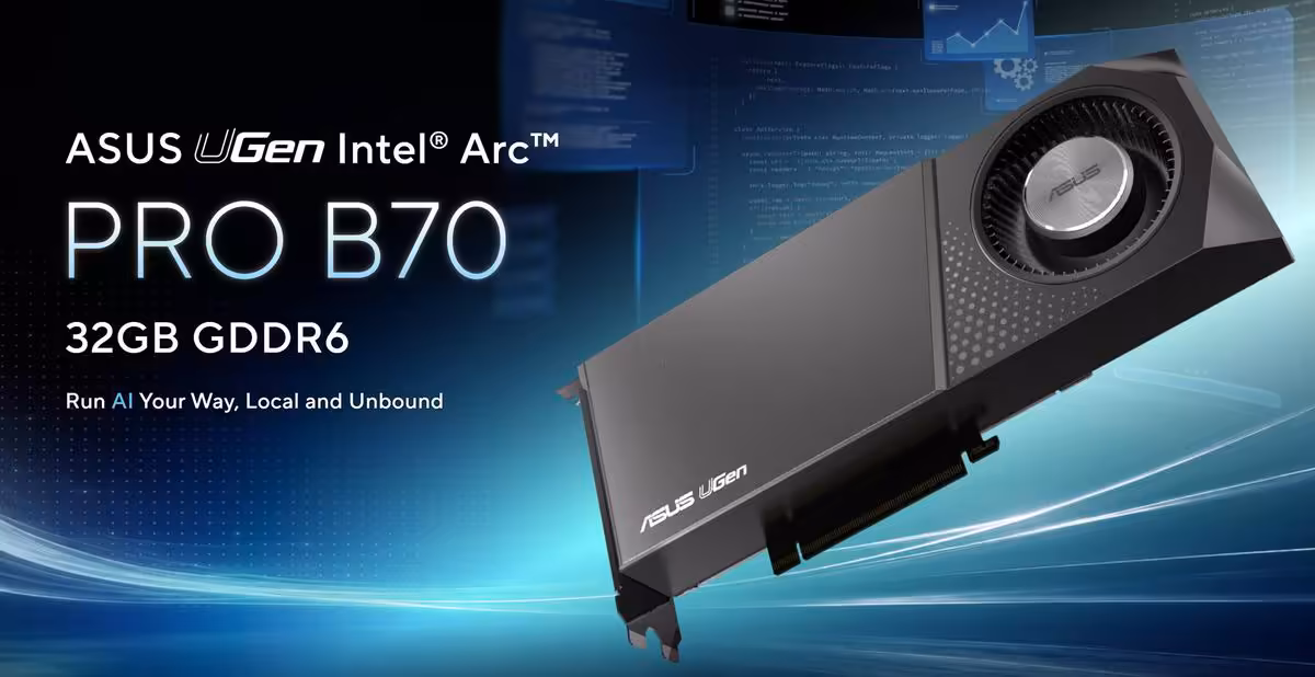 ASUS Arc Pro B70 : une première carte Intel Battlemage dotée de 32 Go de mémoire 2 Visuel promotionnel ASUS uGen Intel Arc Pro B70 32 Go GDDR6 sur fond bleu technologique