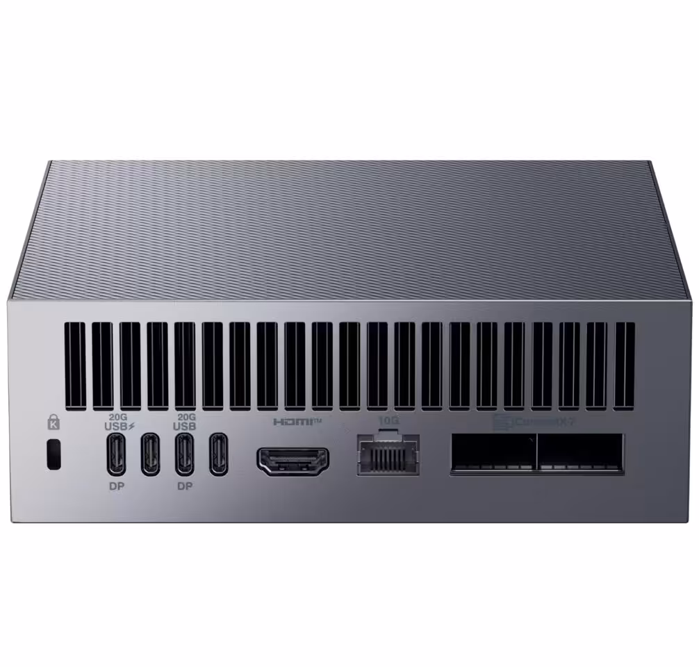 ASUS Ascent GX10 : une version 64 Go pour exécuter les modèles IA de 30 à 35B 3 Vue arrière du mini PC IA ASUS Ascent GX10 avec ports USB-C, HDMI, Ethernet et connecteurs réseau