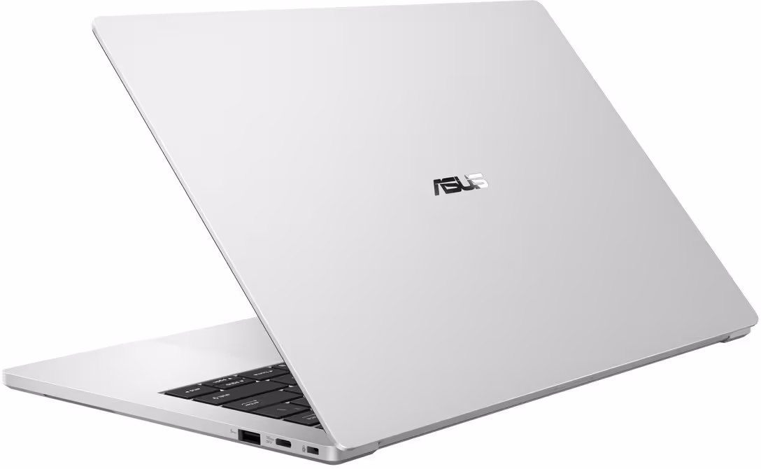 Ordinateur portable ASUS ExpertBook A7 blanc entrouvert, vu de dos sur fond blanc