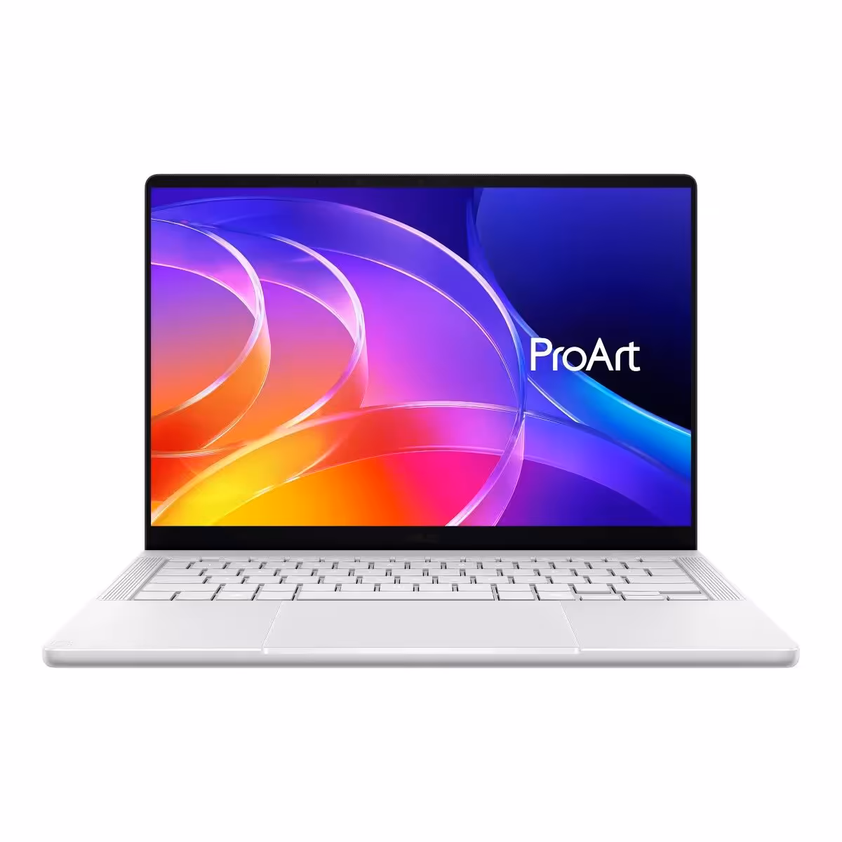 Ordinateur portable ASUS ProArt P14 blanc de face, écran affichant le logo ProArt