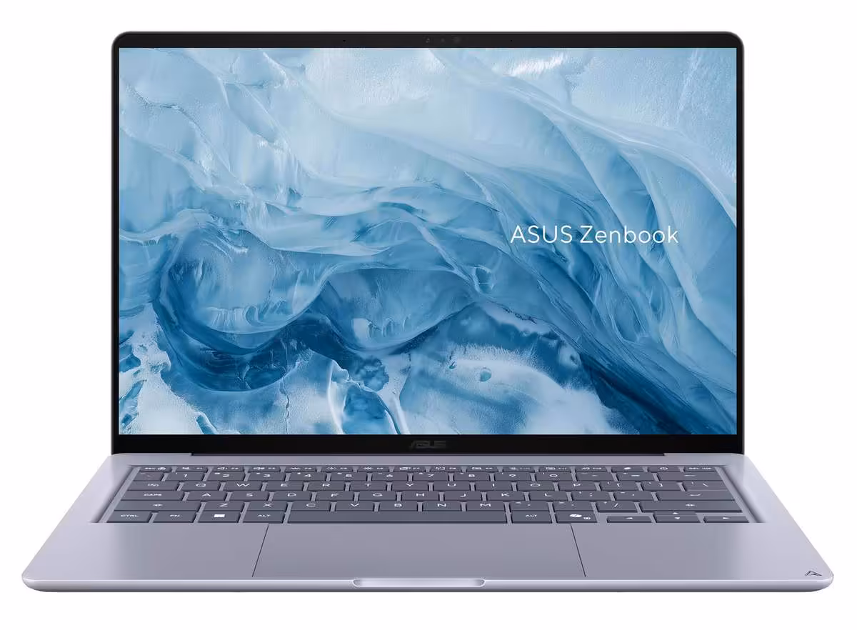 Vue frontale de l’ordinateur portable ASUS Zenbook 14 avec écran affichant un fond bleu