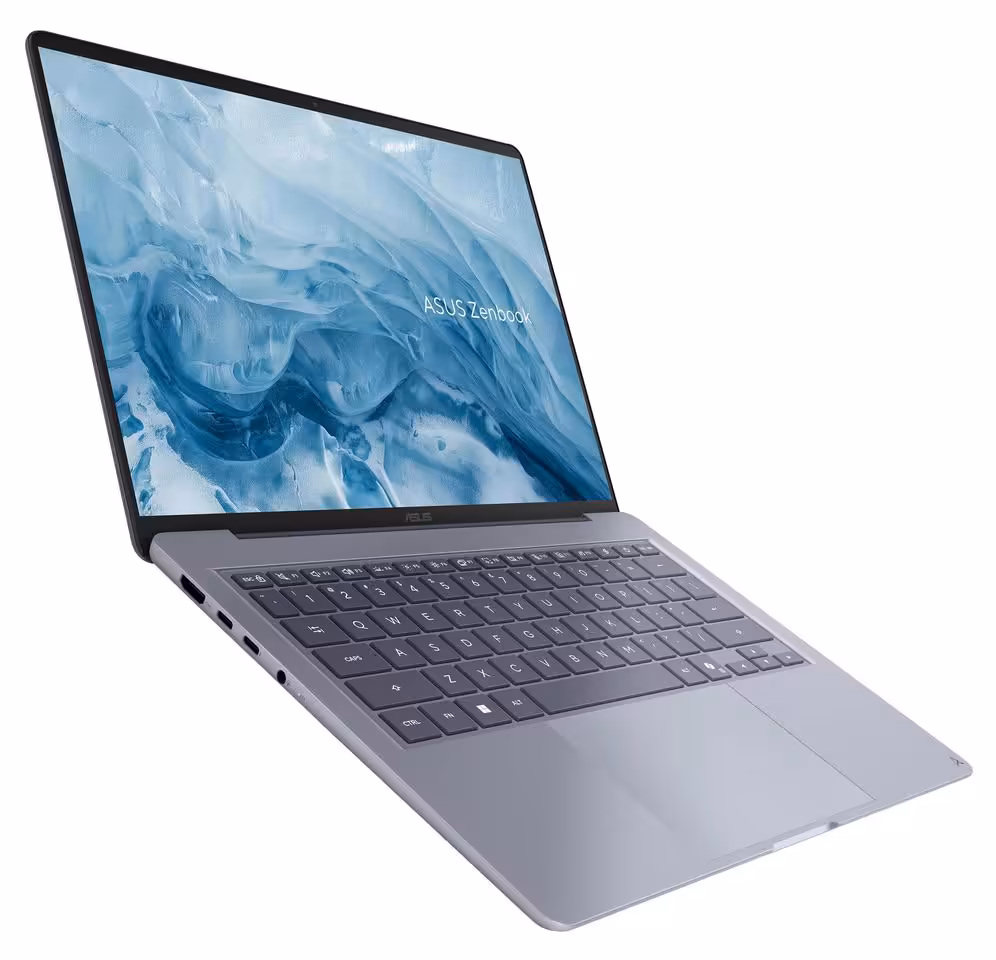 Vue en plongée de l’ASUS Zenbook 14 gris ouvert, montrant clavier, écran et connectique latérale