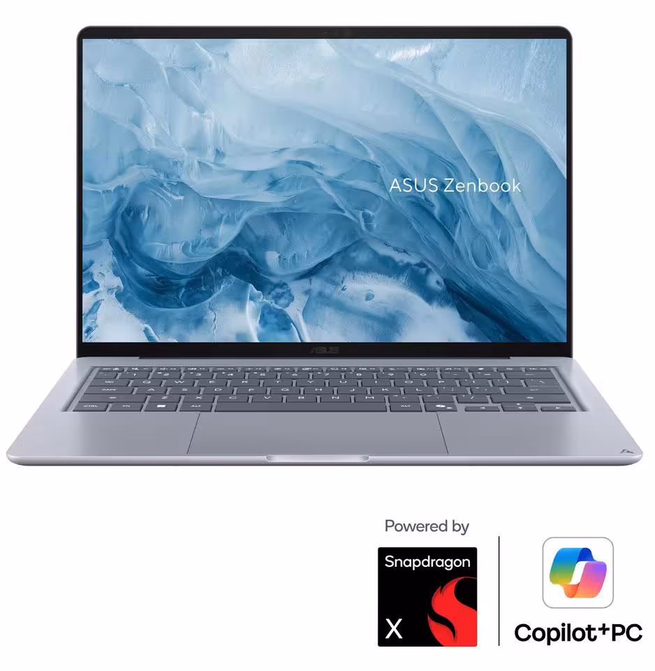 ASUS Zenbook 14 UX3480 : le nouveau portable premium fait ses débuts en Europe 3 Ordinateur portable ASUS Zenbook gris vu de face, avec logos Snapdragon X et Copilot+ PC