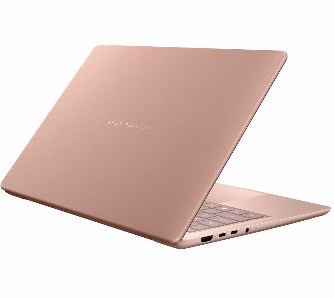 ASUS Zenbook 14 UX3480 : le nouveau portable premium fait ses débuts en Europe 4 ASUS Zenbook rose présenté ouvert et fermé, montrant le capot, le clavier et les ports latéraux