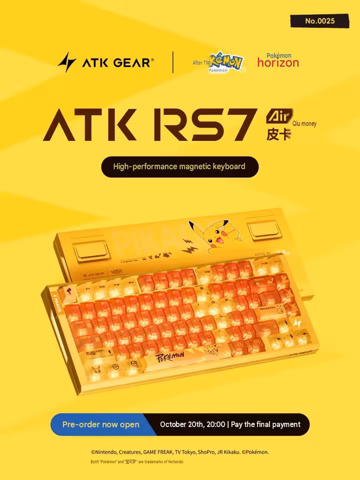 ATK Pikachu : une souris 8 kHz et un clavier Hall Effect habillés de jaune 5 Clavier magnétique ATK RS7 Air édition Pikachu Pokémon sur fond jaune