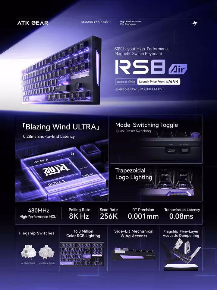 ATK RS8 : deux claviers TKL en aluminium avec Hall effect dès 74,89 dollars