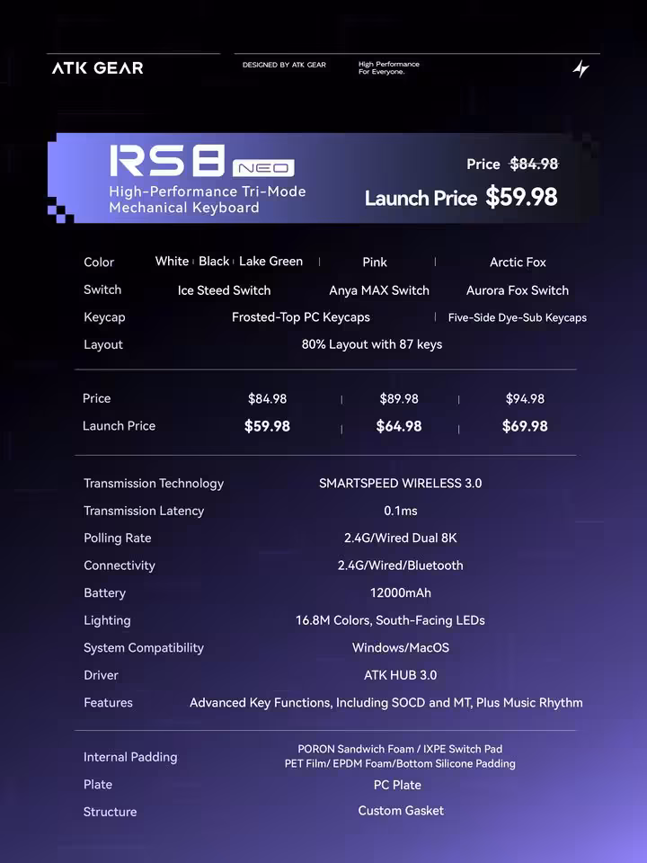 ATK RS8 : deux claviers TKL en aluminium avec Hall effect dès 74,89 dollars