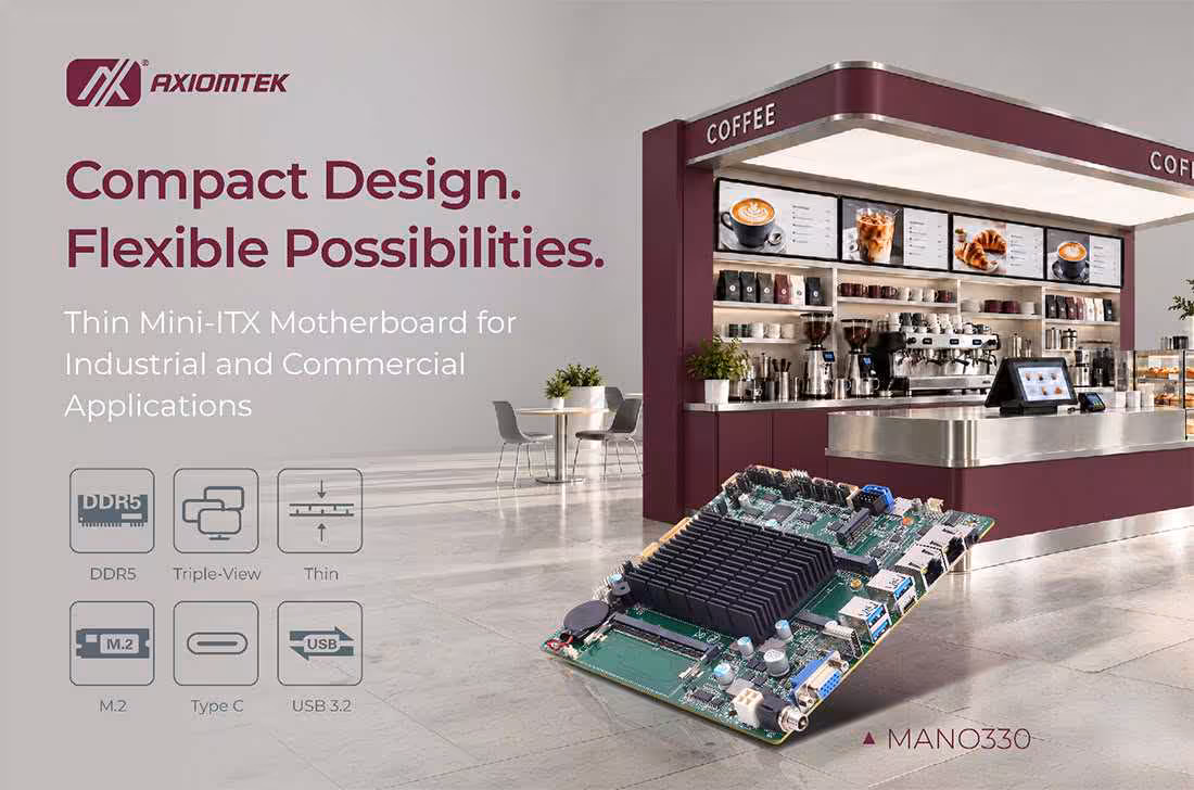 Carte mère industrielle Axiomtek MANO330 Thin Mini-ITX devant un comptoir de café, visuel promotionnel