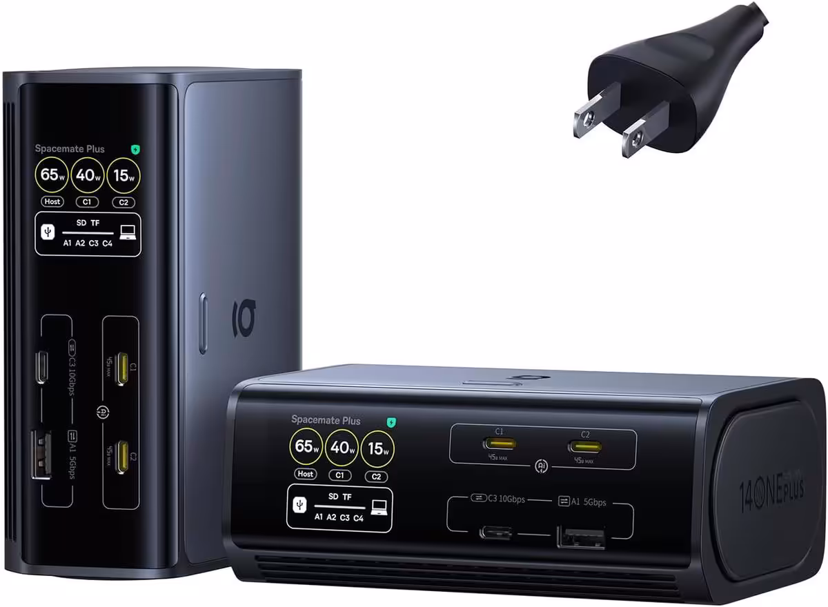 Baseus Spacemate RD1 Plus : un dock 14-en-1 avec 4K à 120 Hz et charge GaN 3 Dock Baseus Spacemate RD1 Plus vertical et horizontal avec adaptateur secteur américain sur fond blanc