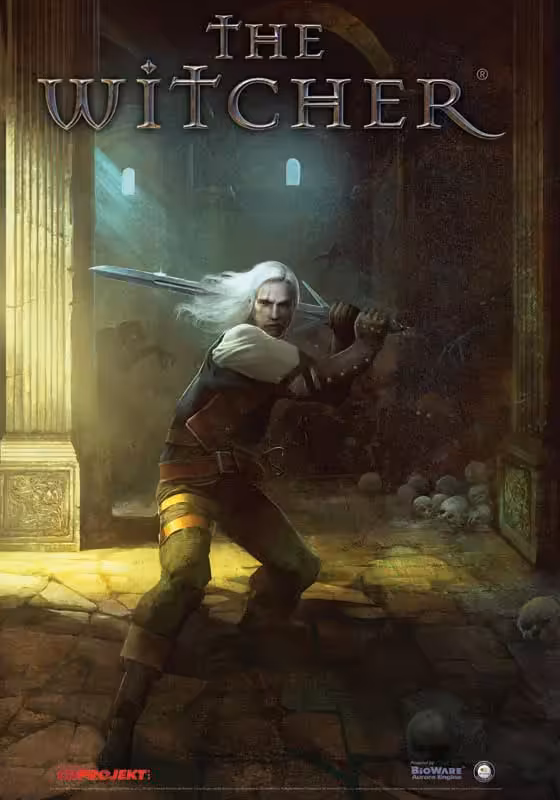 Affiche promotionnelle The Witcher montrant Geralt armé dans un décor sombre, avec logos CD Projekt et BioWare