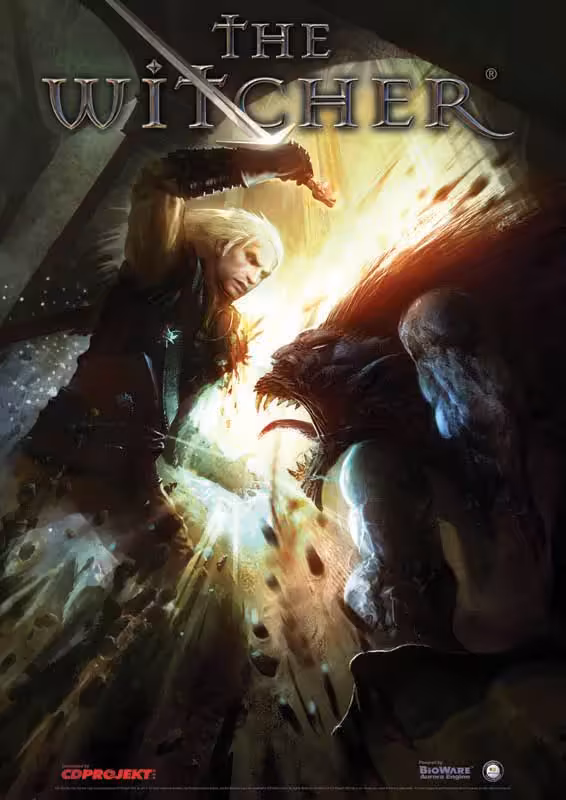 Affiche The Witcher illustrant Geralt affrontant une créature, avec logos CD Projekt et BioWare