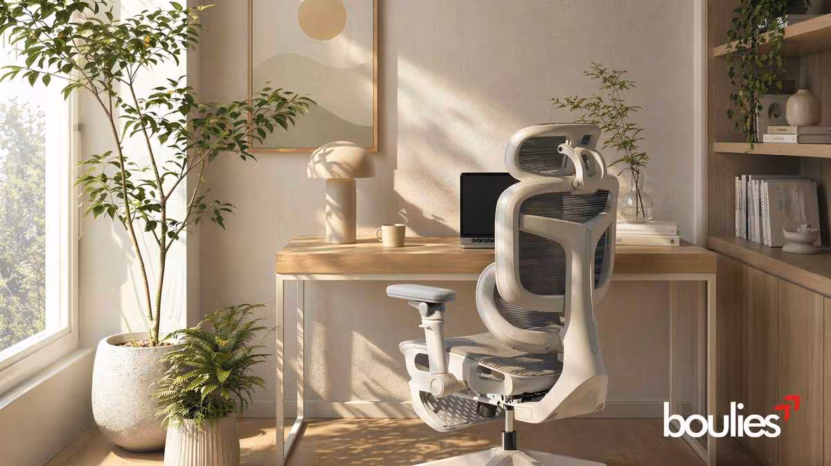 Fauteuil ergonomique Boulies EP600 blanc dans un bureau lumineux avec plantes et mobilier en bois
