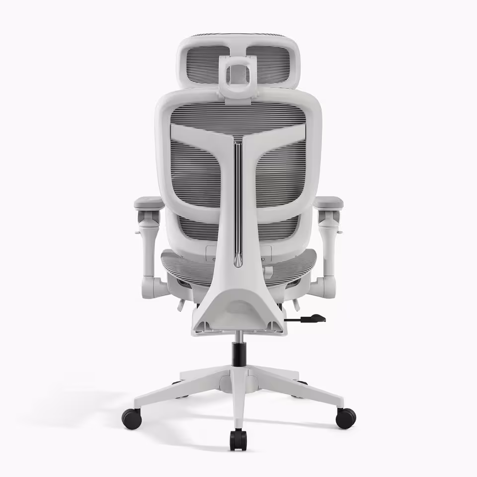 Fauteuil ergonomique Boulies EP600 blanc et gris en maille, vue arrière sur fond blanc