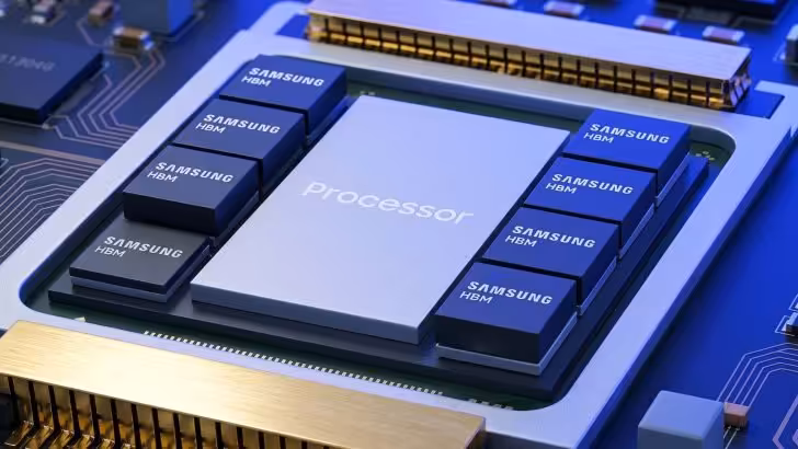 Broadcom obtient les mêmes tarifs mémoire que NVIDIA auprès de Samsung 3 Illustration de puce processeur entourée de modules mémoire Samsung HBM sur circuit imprimé