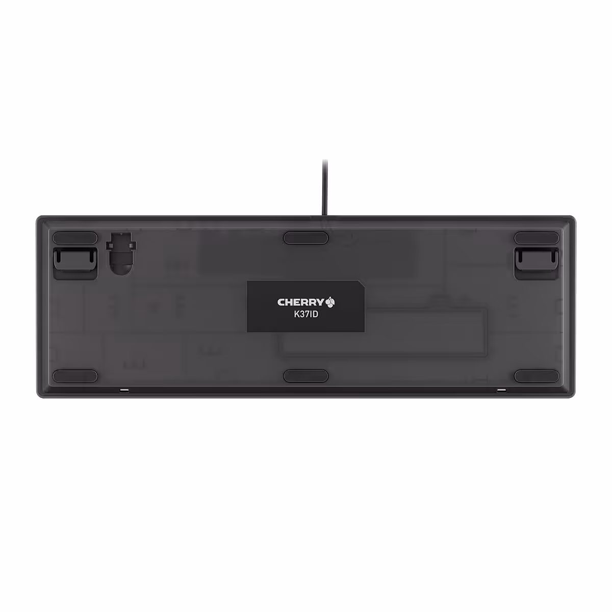 Cherry K37ID : un clavier industriel compact IP54 à 99 touches pour les entreprises 3 Dessous du clavier industriel Cherry K37ID avec patins antidérapants et étiquette du modèle