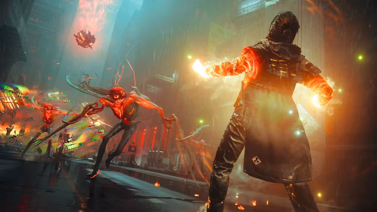 Scène de combat futuriste de Control Resonant avec personnage armé face à créature rouge