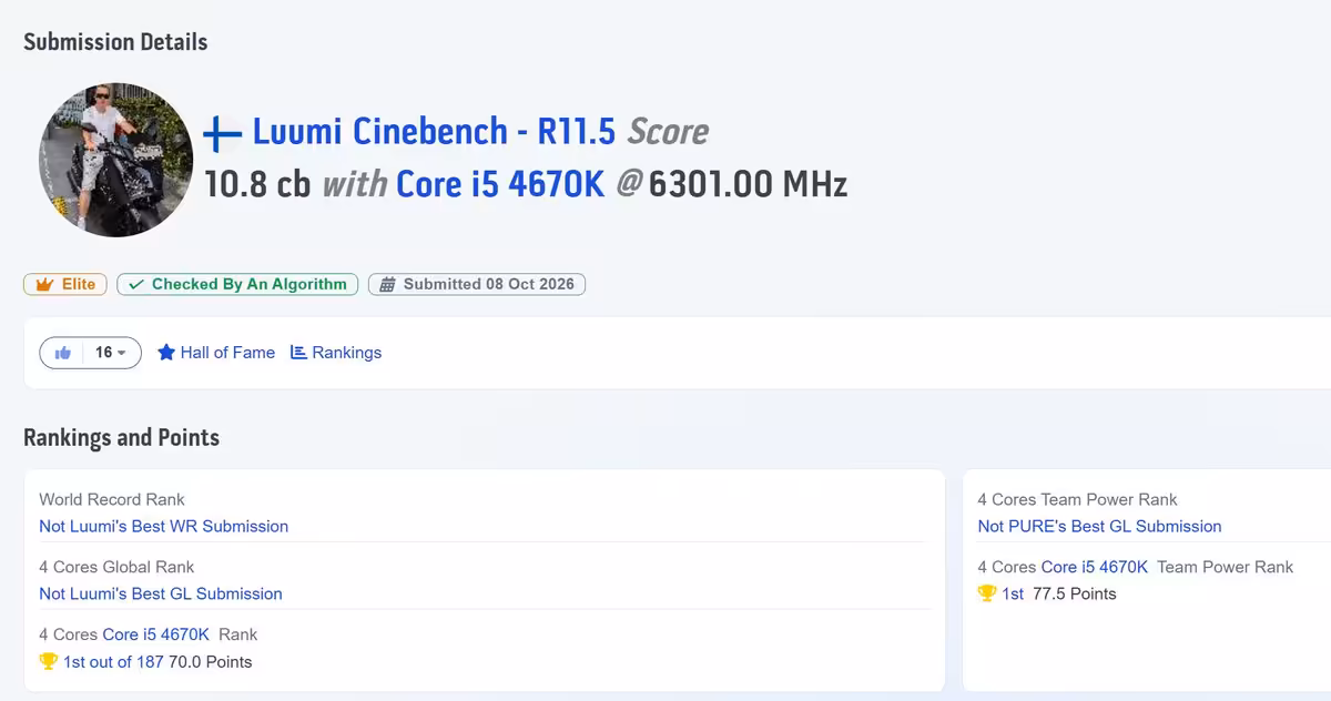 Core i5-4670K : un record Cinebench R11.5 tombe grâce à une fréquence de 6,3 GHz
