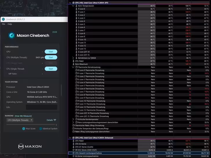 Capture de Cinebench 2024 et HWiNFO affichant températures et fréquences du Core Ultra 9 285H