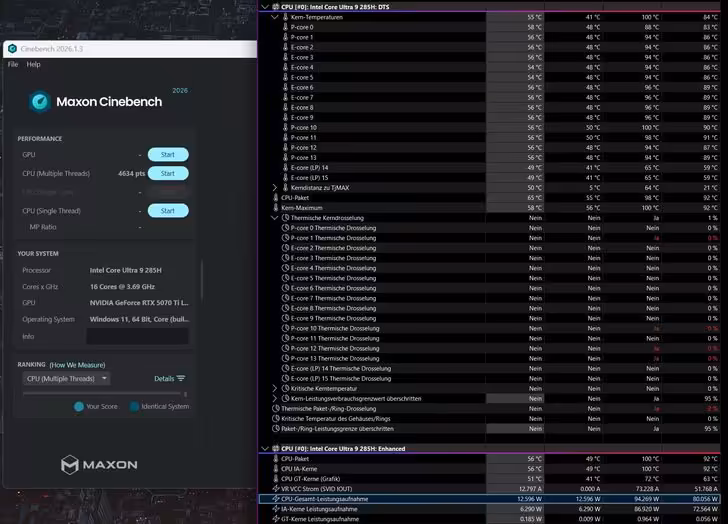 Résultats Cinebench 2024 et monitoring HWiNFO du processeur Intel Core Ultra 9 285H