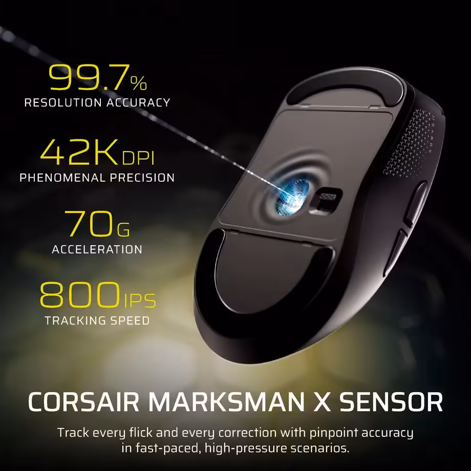 Corsair Sabre V3 Pro PureVector : six souris et un DPI adapté à chaque direction 5 Dessous d’une souris Corsair équipé du capteur Marksman X, avec caractéristiques de précision et suivi