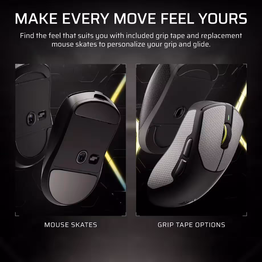 Corsair Sabre V3 Pro PureVector : six souris et un DPI adapté à chaque direction 7 Souris Corsair Sabre V3 Pro montrant les patins de glisse et options de bandes antidérapantes