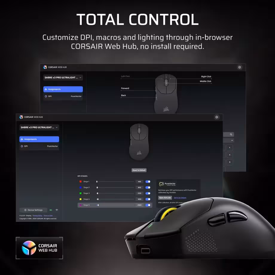 Corsair Sabre V3 Pro PureVector : six souris et un DPI adapté à chaque direction 8 Souris Corsair Sabre V3 Pro et interface de personnalisation Corsair Web Hub pour DPI, macros et éclairage
