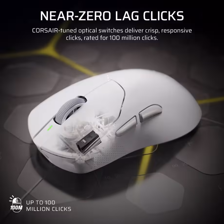 Corsair Sabre V3 Pro PureVector : six souris et un DPI adapté à chaque direction 9 Souris gaming blanche Corsair avec interrupteurs optiques, illustration des clics à faible latence