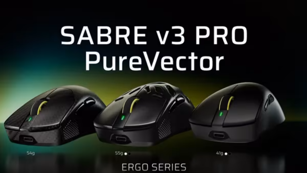 Corsair Sabre V3 Pro PureVector : six souris et un DPI adapté à chaque direction 2 Trois souris gaming Corsair Sabre V3 Pro PureVector de la gamme Ergo Series sur fond noir et vert
