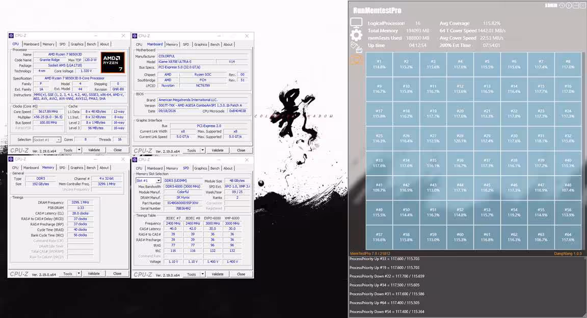 DDR5 192 Go à 6 600 MT/s CL28 : Colorful pousse sa carte mère X870E à la limite 3 Captures CPU-Z et logiciel de test mémoire affichant une configuration AMD Ryzen avec DDR5