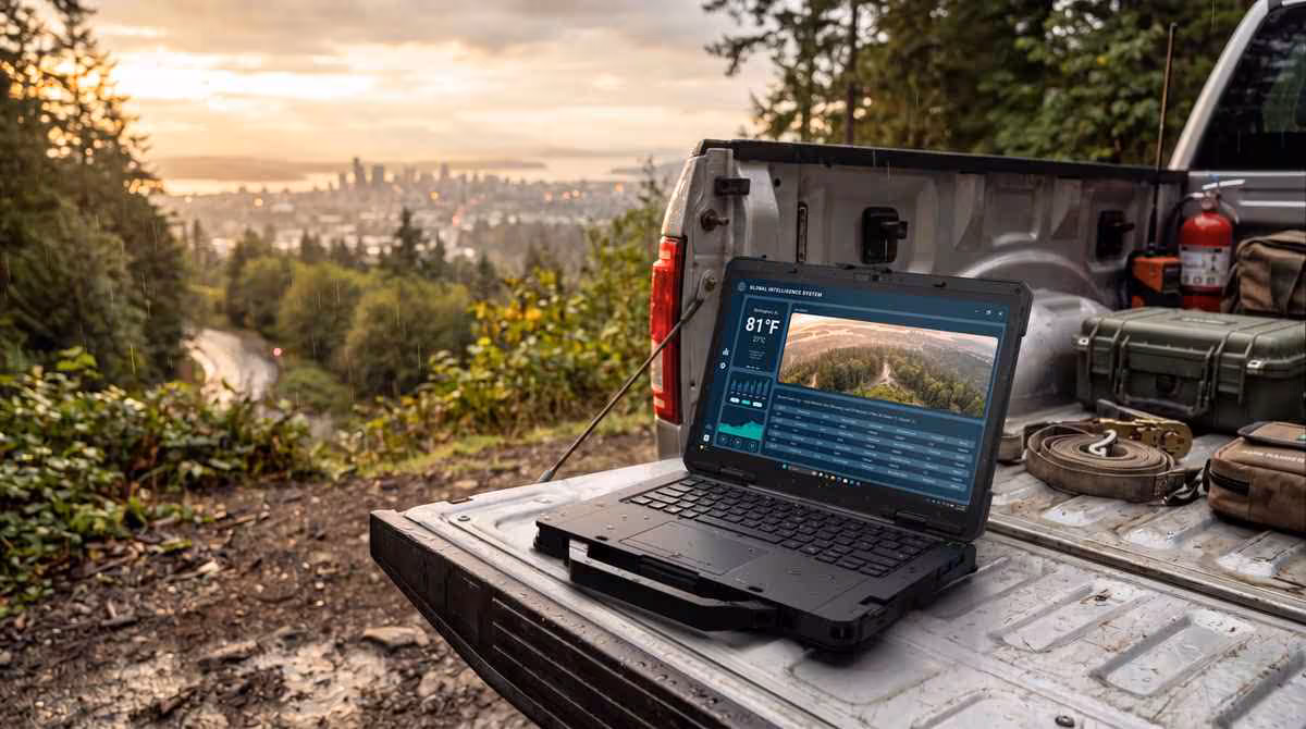 Dell Pro Rugged : deux PC durcis équipés en Core Ultra Series 3 et RTX Pro 500 4 PC portable durci Dell Pro Rugged utilisé sur le hayon d’un pick-up en extérieur