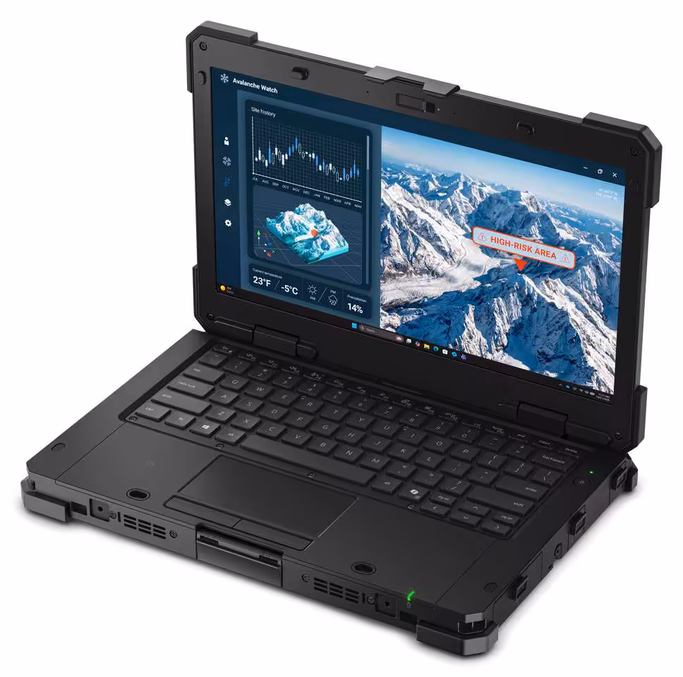 Dell Pro Rugged : deux PC durcis équipés en Core Ultra Series 3 et RTX Pro 500 5 PC portable durci Dell Pro Rugged ouvert, affichant une carte montagneuse et des données terrain