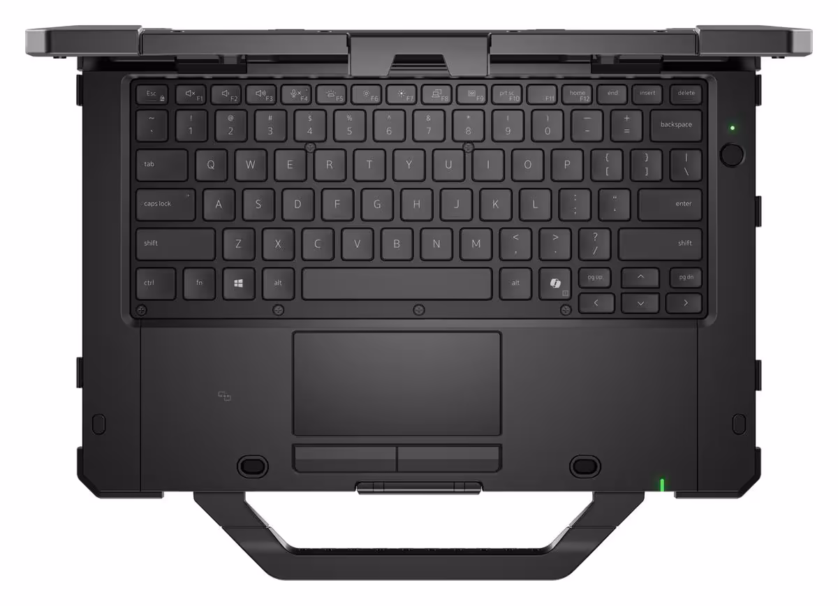 Dell Pro Rugged : deux PC durcis équipés en Core Ultra Series 3 et RTX Pro 500 6 Vue de dessus du clavier, pavé tactile et poignée du PC portable durci Dell Pro Rugged