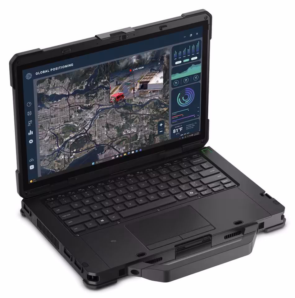 Dell Pro Rugged : deux PC durcis équipés en Core Ultra Series 3 et RTX Pro 500 9 PC portable durci Dell Pro Rugged ouvert avec application cartographique et interface de suivi