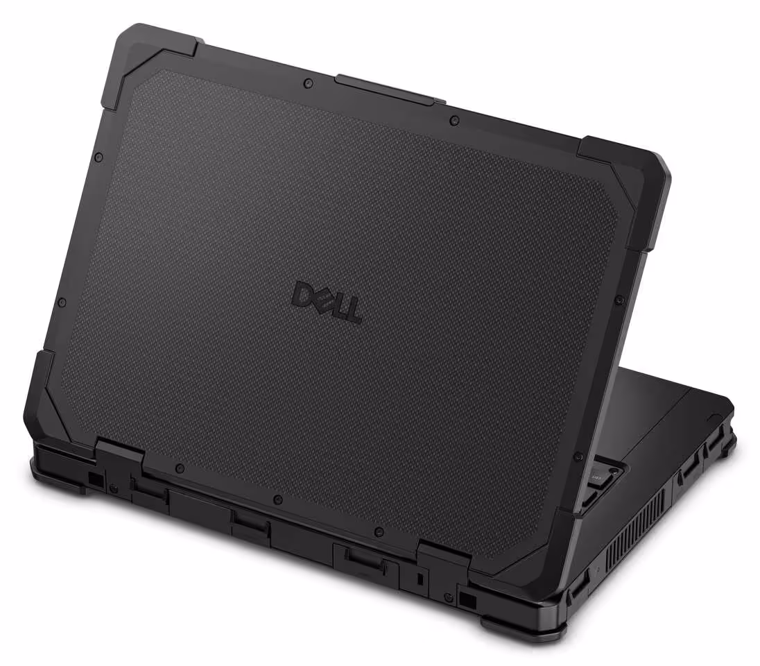 Dell Pro Rugged : deux PC durcis équipés en Core Ultra Series 3 et RTX Pro 500 10 Vue arrière inclinée du PC portable durci Dell Pro Rugged avec capot texturé Dell