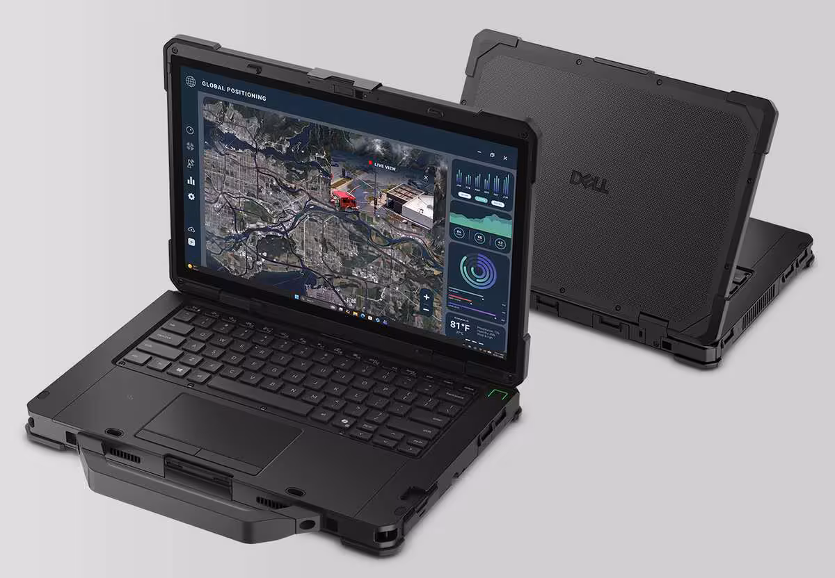Dell Pro Rugged : deux PC durcis équipés en Core Ultra Series 3 et RTX Pro 500 2 Deux PC portables durcis Dell Pro Rugged ouverts, avec interface cartographique affichée sur écran