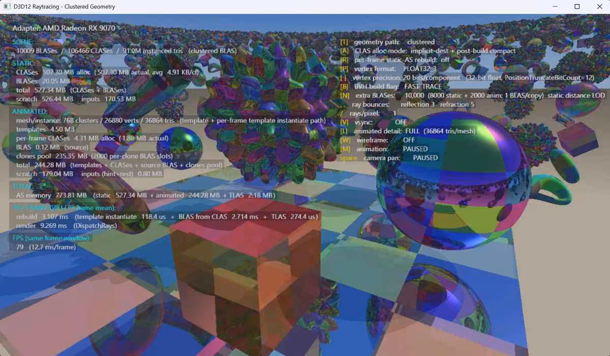 DirectX Raytracing réduit jusqu’à 90 % l’usage de la VRAM avec sa mise à jour 4 Scène de benchmark 3D avec géométrie colorée et mesures de performances du ray tracing