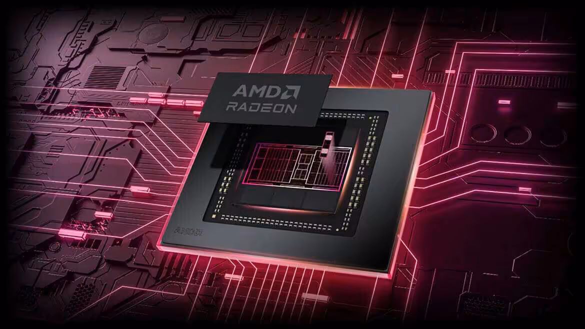 Puce graphique AMD Radeon sur circuit imprimé sombre illuminé de lignes roses