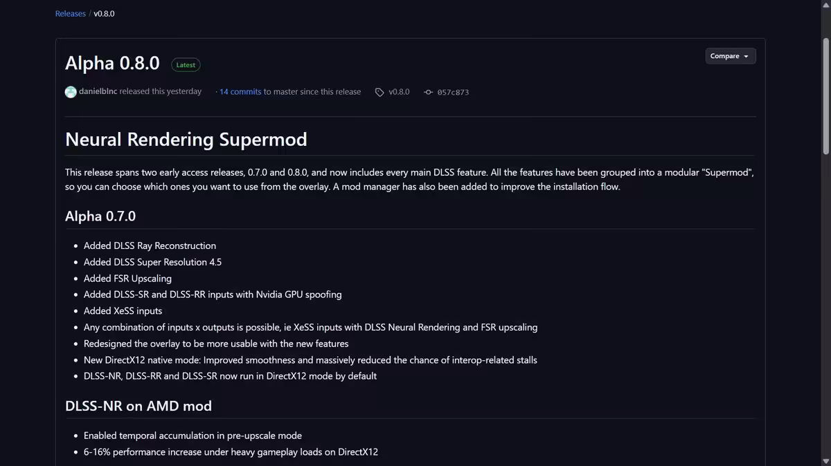 Page GitHub du mod Neural Rendering Supermod Alpha 0.8.0 avec options DLSS et FSR
