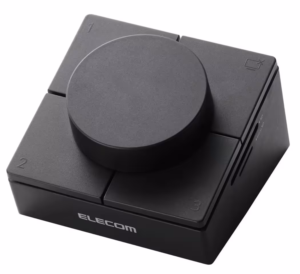 Dock USB-C Elecom : une molette programmable et quatre touches dans un hub 8-en-1 2 Contrôleur Elecom noir avec grande molette rotative et quatre touches programmables numérotées