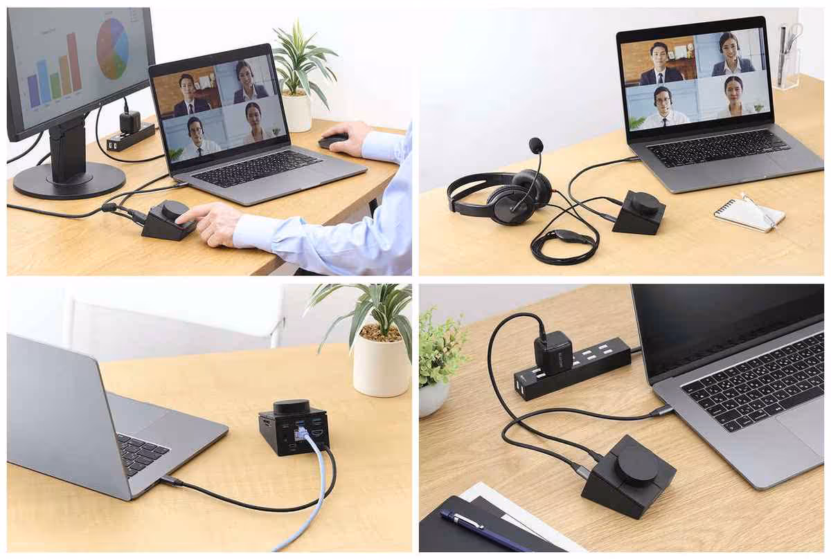 Dock USB-C Elecom : une molette programmable et quatre touches dans un hub 8-en-1 5 Montage d’usages du contrôleur à molette et du dock USB-C Elecom sur bureau