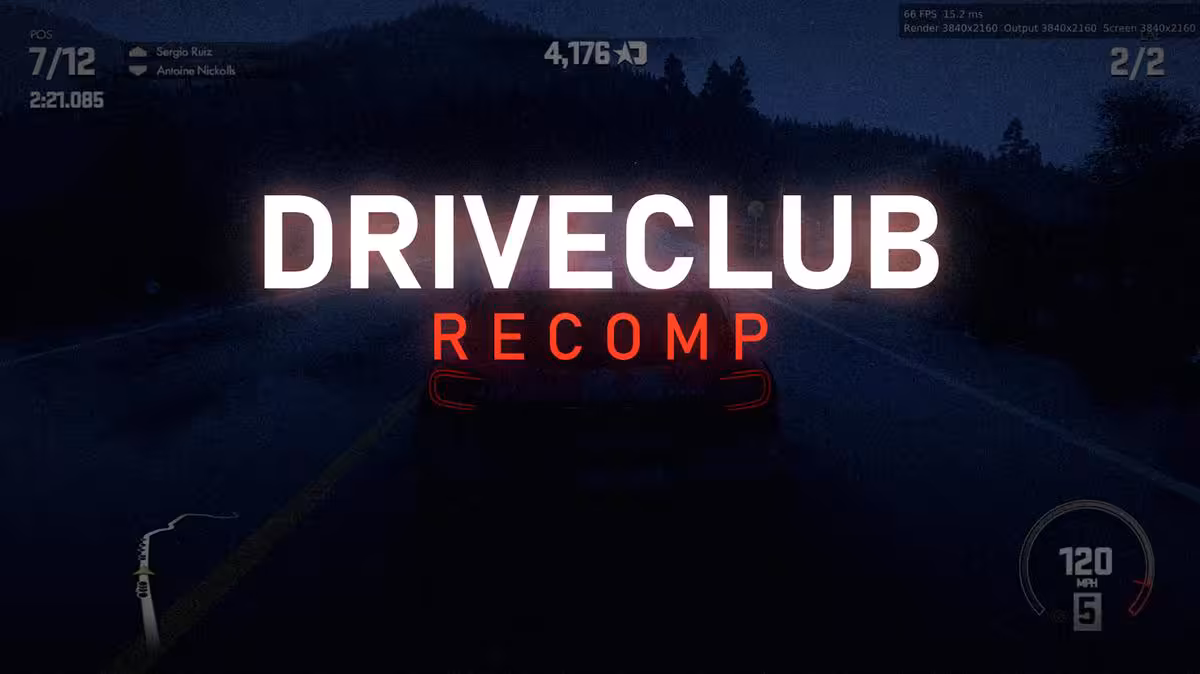 Driveclub sur PC : le jeu PS4 tourne nativement jusqu’en 8K grâce aux fans 2 Écran de course Driveclub Recomp affichant une voiture sur route nocturne et le logo Driveclub