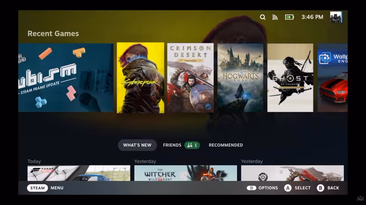 Écran de la DroidDeck affichant la bibliothèque Steam avec Cyberpunk 2077 et Hogwarts Legacy
